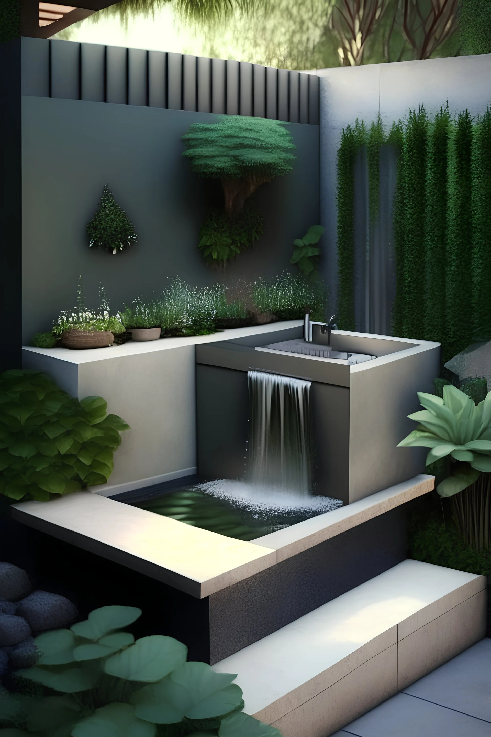 A garden consisting of a rectangular and raised basin + an artificial wall waterfall + a small fountain + a mini bar containing an oven and a sink