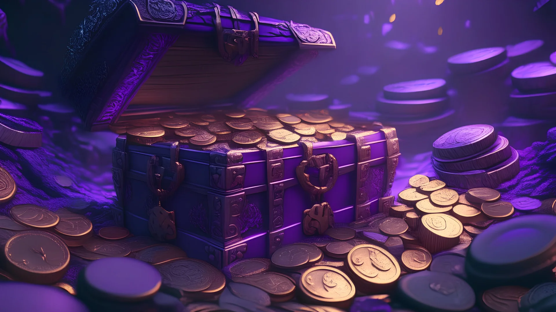 a hundreds of chests and coins, purple tones, dreamy, psychedelic, 4k, sharp focus, volumetrics, trippy background