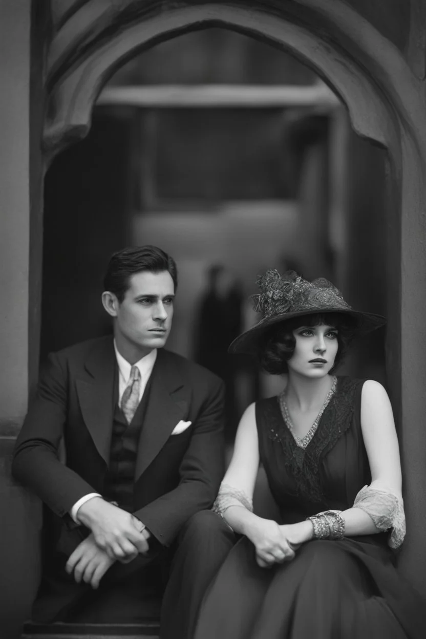 Up close Black and white photo of a serious couple sitting for portrait shoot in the 1920s