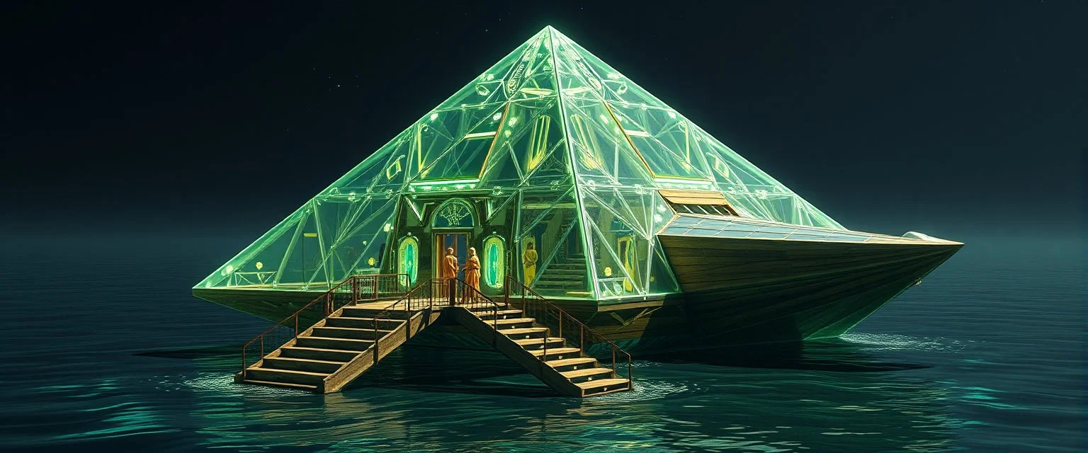 benign transparent superwood alien mega scifi pyramid katamaran ark boat with superwood draw bridge and wing doors