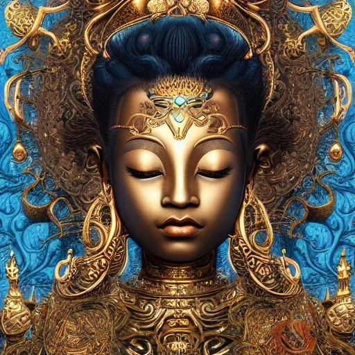 Sango fantasy, fantasy magic, intricate, sharp focus, illustration, highly detailed, digital painting, concept art, matte, art germ and Paul Lewin and Kehinde Wiley, masterpiece silver elephant head bronze Buddha Asian girl nice breast turquoise golden waves