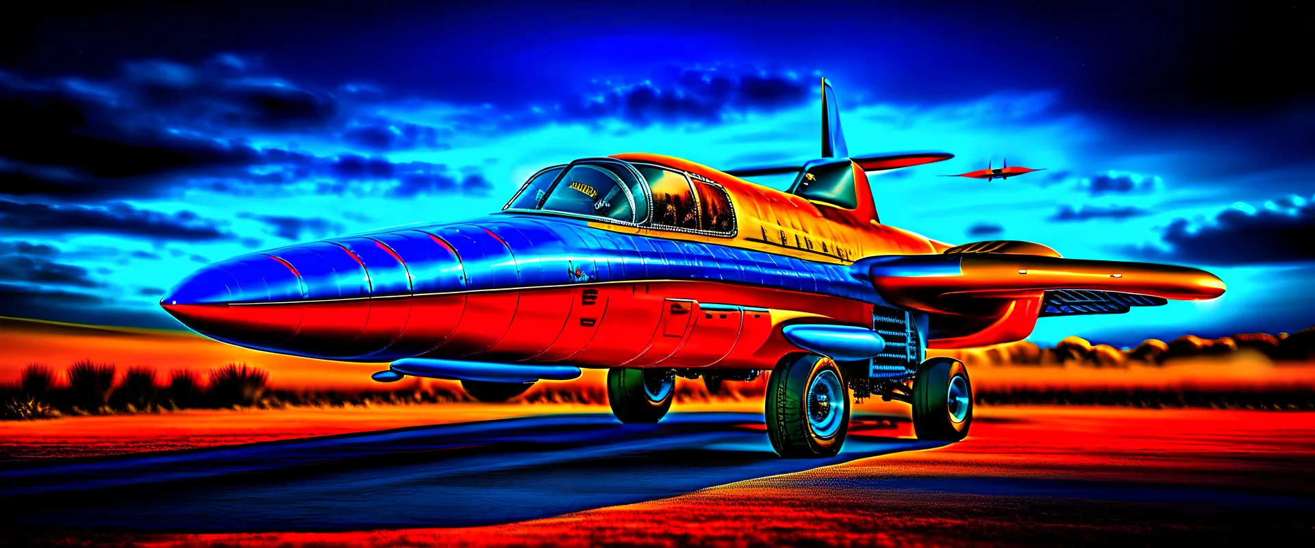 A national geographic award winning photograph of a military fighter jet station wagon wasp hybrid designed by volkswagen only one vehicle per image painted metallic orange traveling at a high rate of speed, jet intake off of front center of vehicle and jet exhaust out the rear with bright blue flame