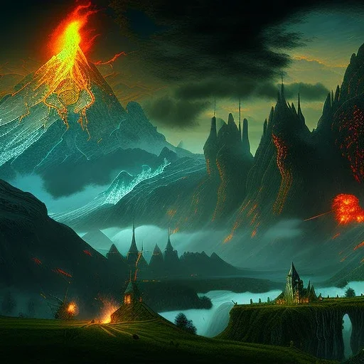 Epic Drawing of mordor scenery with a dragon of The Hobbit estilo Van Gogh 4k