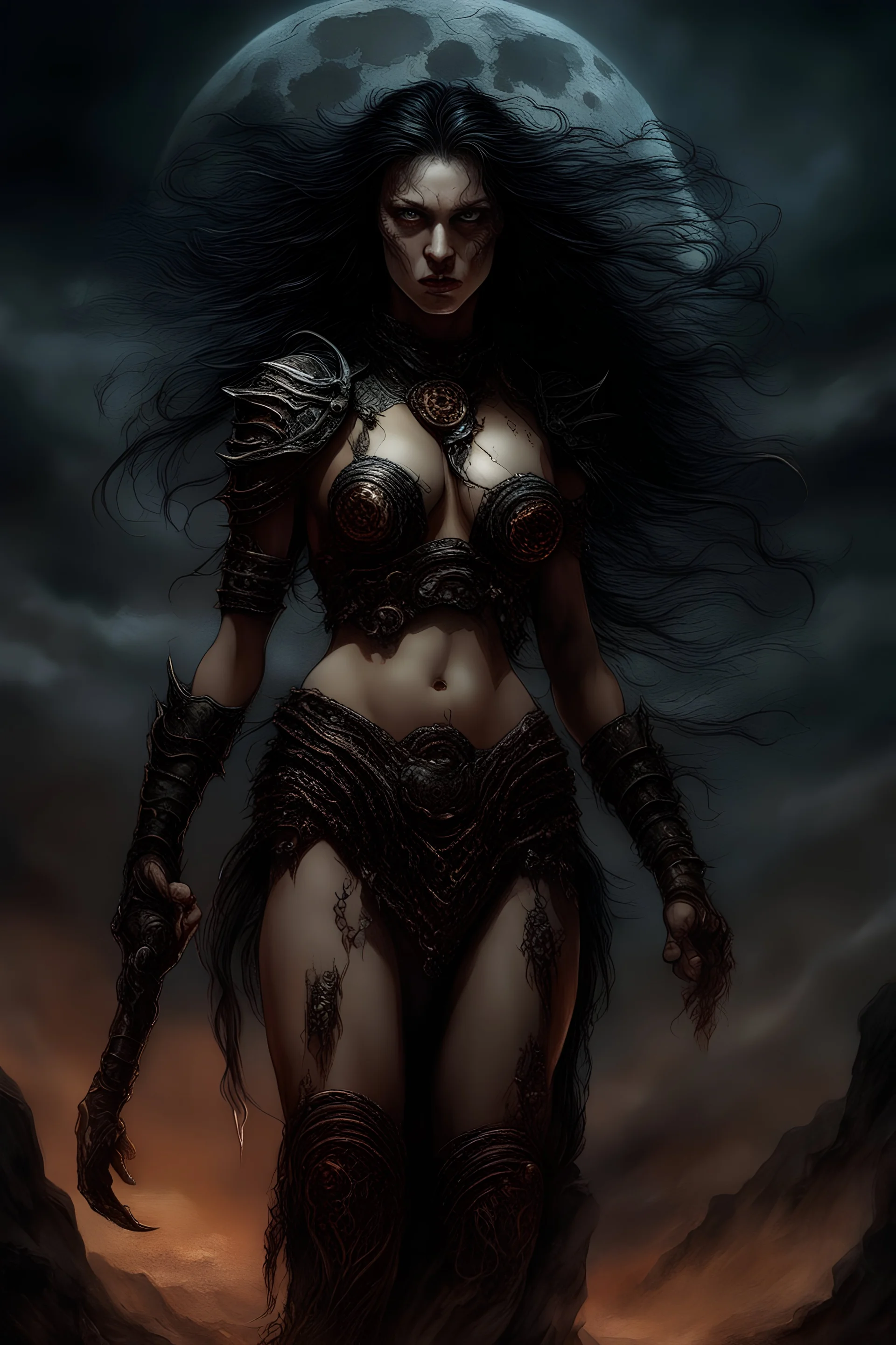 A dramatic digital painting portraying a warrior girl under the Moon, veins pulsing, claws of temptation visible, soul in turmoil. In the style of Luis Royo and Boris Vallejo and Giger, vivid colors, swirling brushstrokes, highly detailed, 8k resolution, surrealistic., juicy emotions, painting, gloomy fantasy, gloomy day, dark world, portrait, oil and graphite, wide strokes, a weaving frame around, by Ryohei Hase, Agnes Cecile, Raymond Swanland, Anne Bachelier