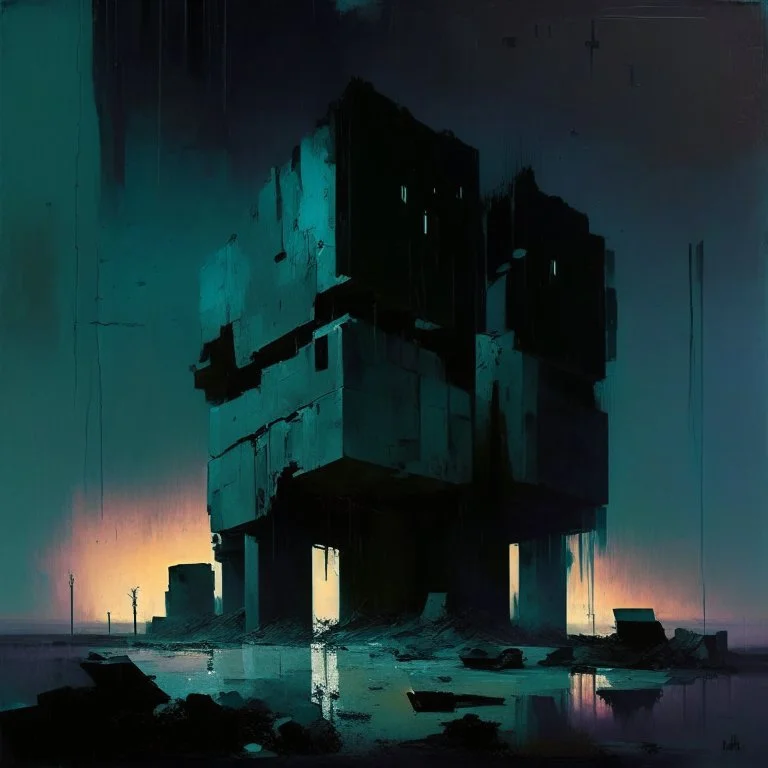 Dystopian future In desolate landscape at night. With a brutalist architecture concrete decaying blocks falling. Abstract oil painting in style of Justin Mortimer