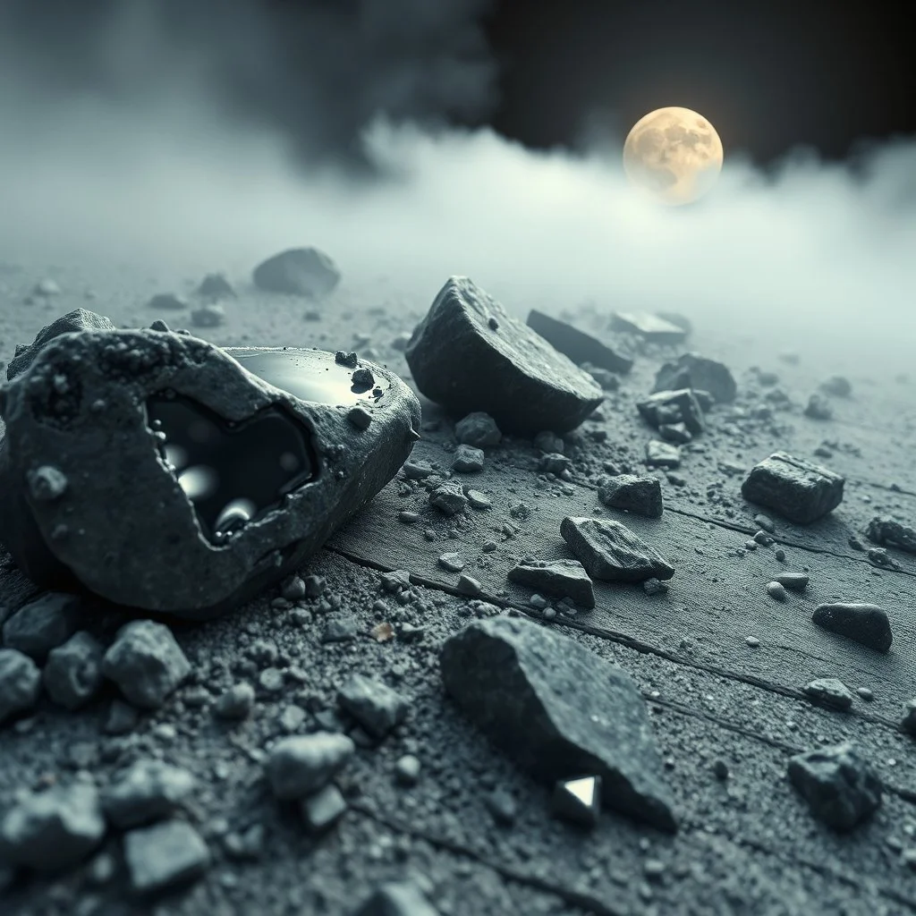 A striking quality close-up photograph captures a wasteland with odd stones, black liquids, spooky, creepy, details of the dust very accentuated, glossy, organic, adorned with minerals and rocks, fog, eerie, Max Ernst style, black sun, fog