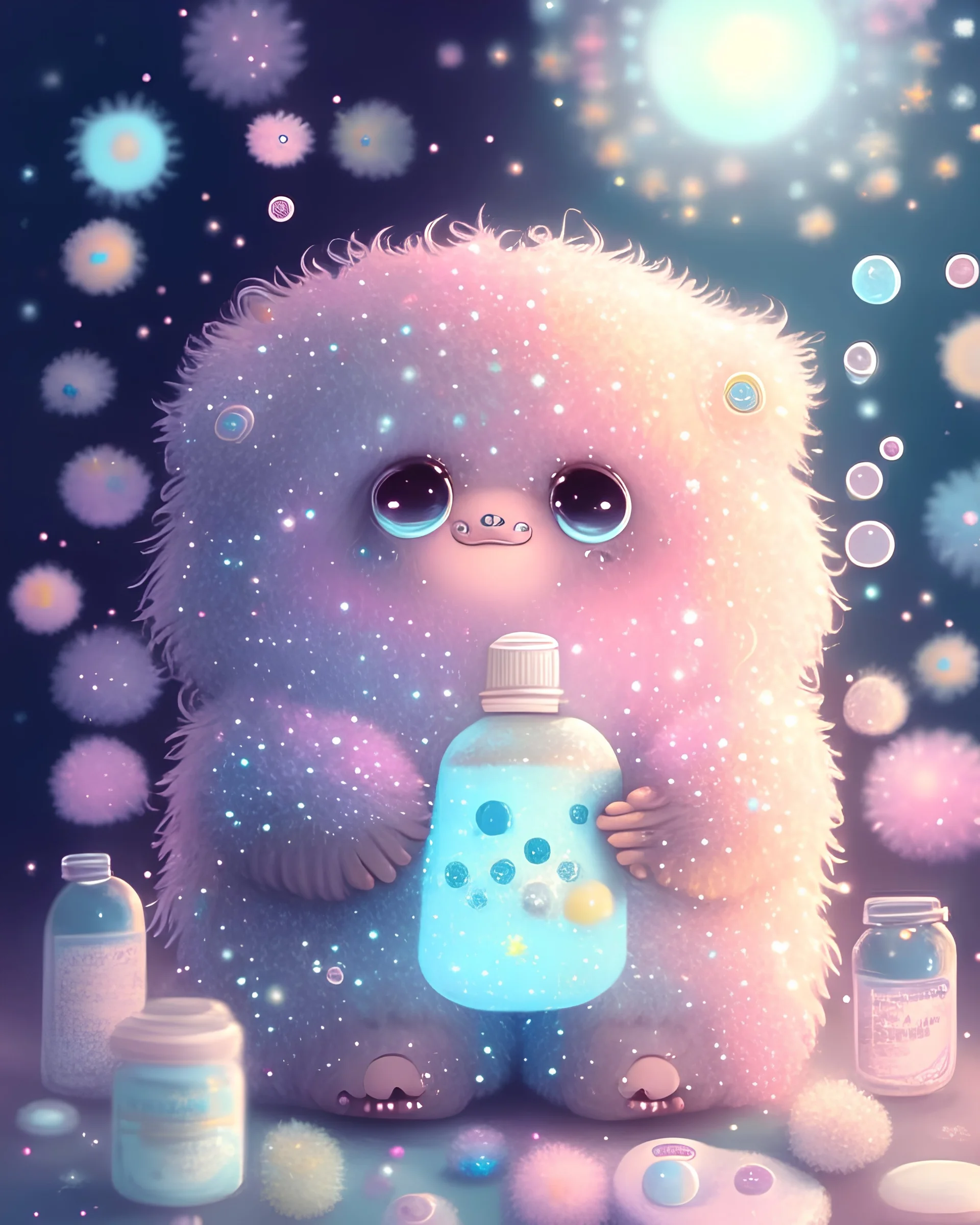 sweet cute fuzzy soft and fluffy hairy monster with big sparkly eyes in the room with thermometer. He is sick and has temperature. Baby pastel colours. Flowers and bubbles in background. Sparkles, sun and fireflies around. Bottles of medicines. Pills.