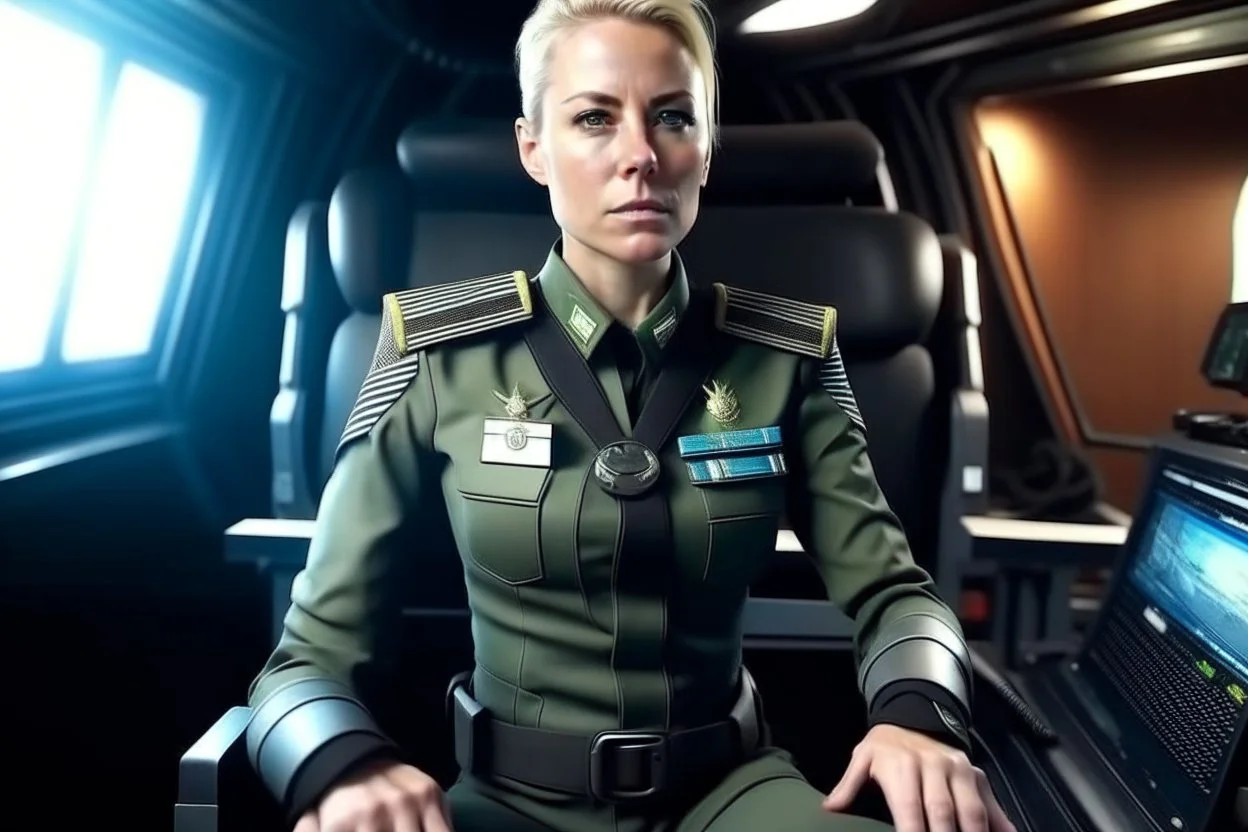 Captain female military tough sitting back in command chair on huge bridge of space cruiser hyper realistic, detailed, tough, menacing, cinematic lighting