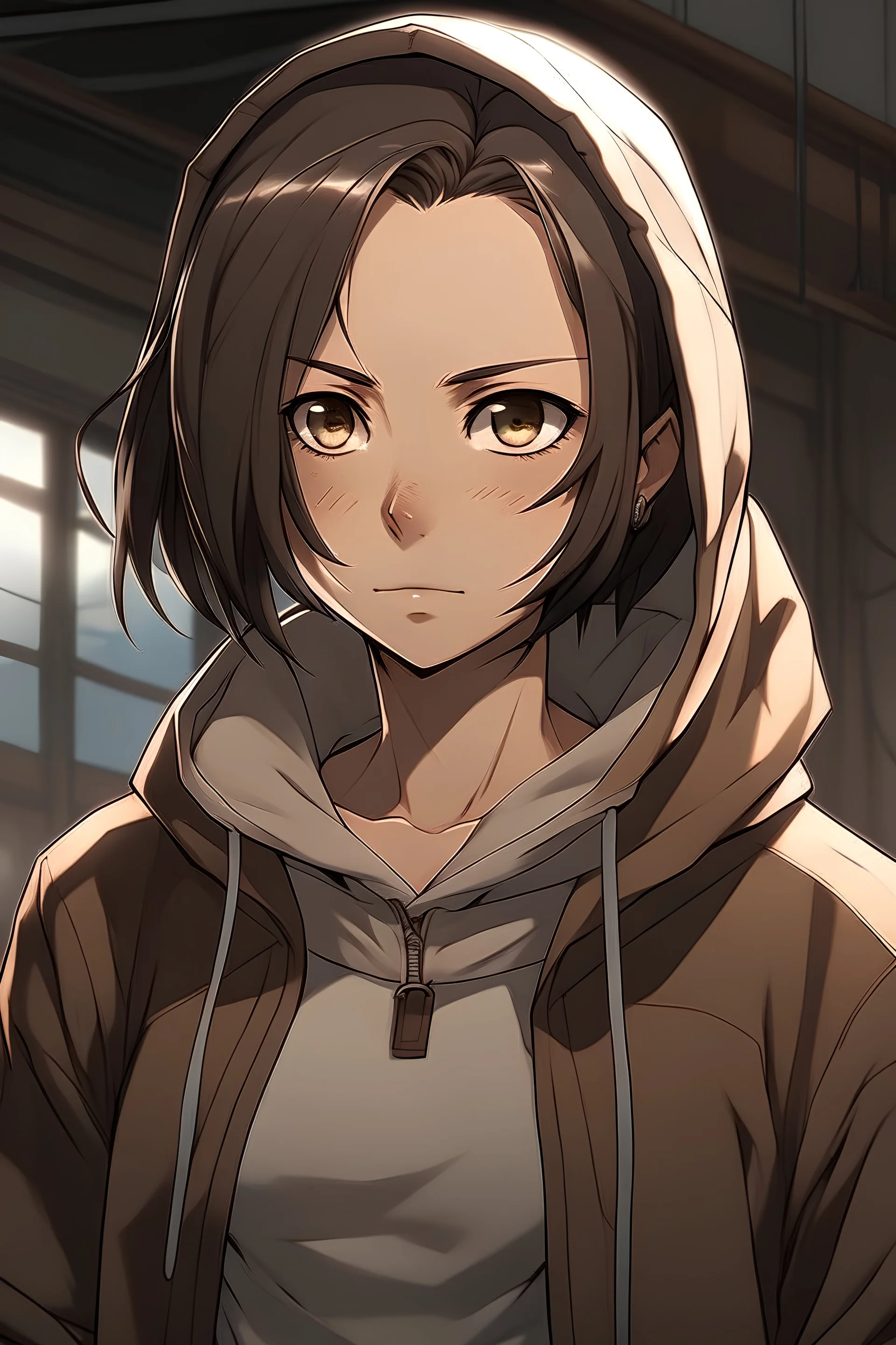 The character of a woman With light brown hair and black eyes, short hairBlack hoodie from anime. attack on titan