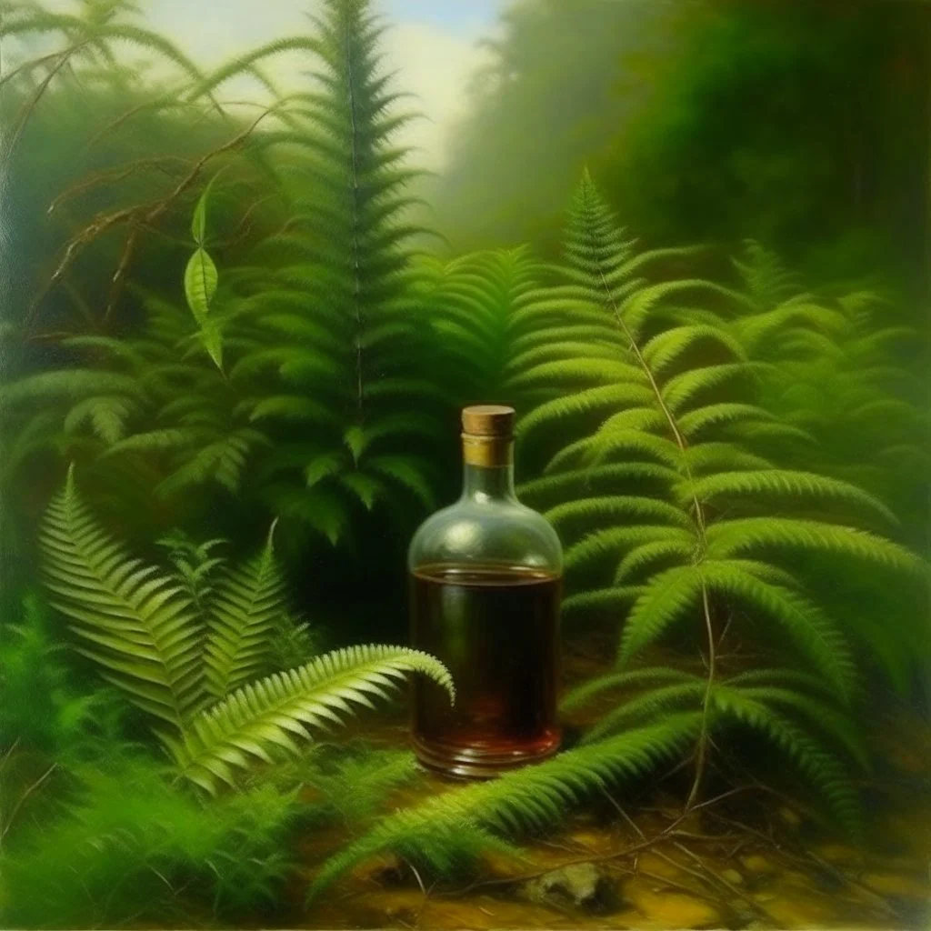 Paisaje húmedo con helechos con una botella de ...