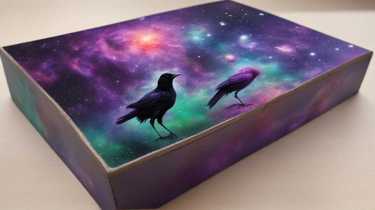 a box 10 cm long by 5 cm wide and 25 cm high, drawn on a box on all sides, space, tress, planets, crow galaxies a lot of colours purple, green and red, very realistic