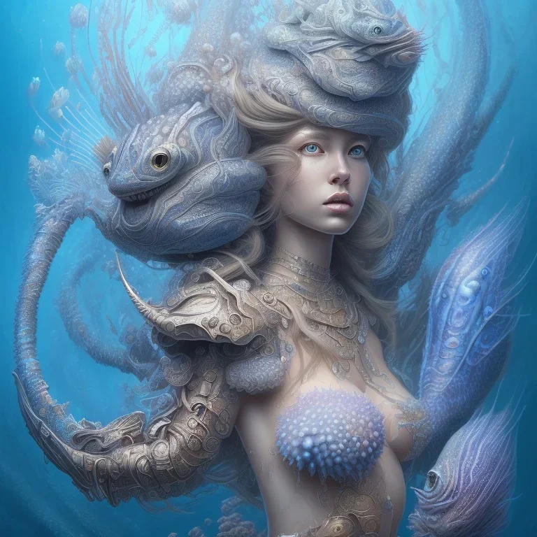 sango fantasy, fantasy magic, intricate, sharp focus, illustration, highly detailed, digital painting, concept art, matte, artgerm and paul lewin and kehinde wiley, masterpiece sexy lips Hawaiian afro lips lady body mermaid lionfish head blue space lady beach sea under water mermaid seaweed