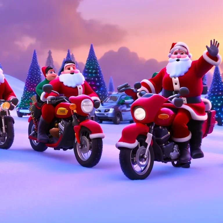 multiple santas driving a motorcycle arround christmass tree