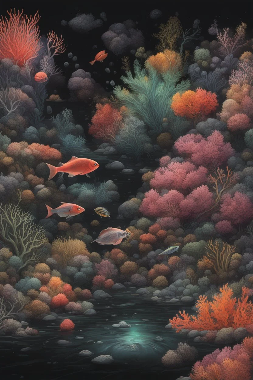 diseased Flora, fauna, and coral at the End of the Multiverse rising from a black liquid surface.