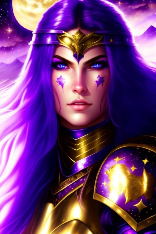 SUPER PRETTY GIRL, WITH A LITTLE WHITE-GOLD ARMOUR, PURPLE LONG HAIRED, NICE EYES, GREATH SMILE, BIG BUBS, NICE BODY, STAY ON DARKNESS CASTLE, STARS SKY, MOON, LEGENDARY WARRIOR, POWERED GIRL, A GOLDEN GLOW AROUND HER BODY.