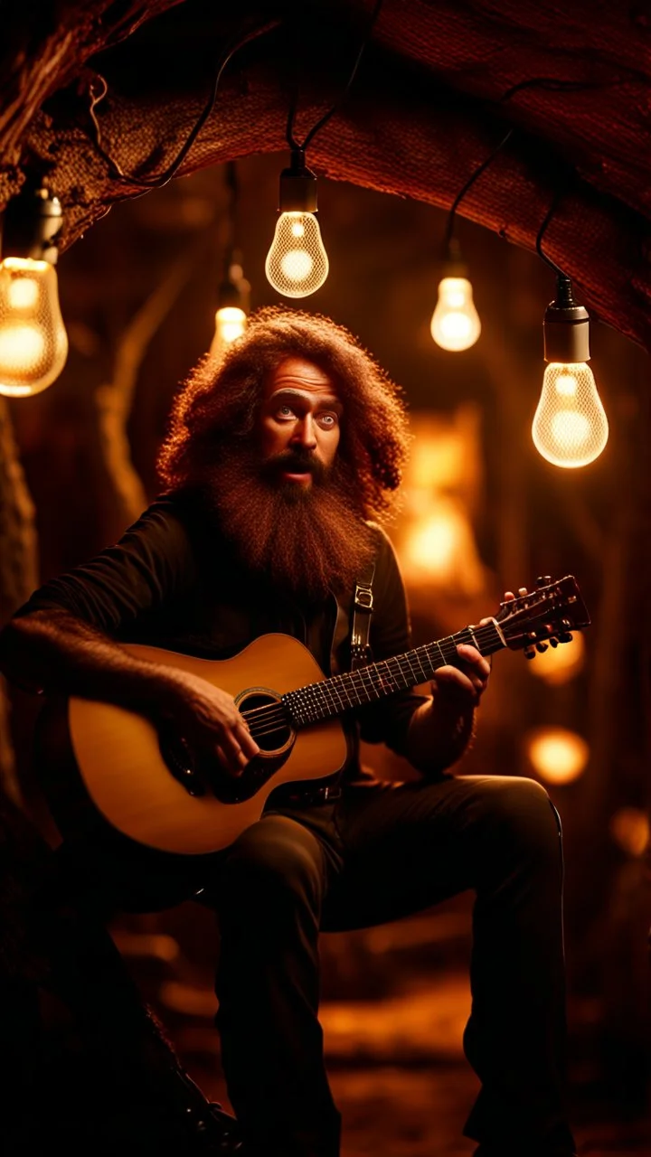 portrait of hairy spanish rock guitar ninja potato living inside a tree house in a hollow huge tree growing light bulbs, singing into ornate studio mic,bokeh like f/0.8, tilt-shift lens 8k, high detail, smooth render, down-light, unreal engine, prize winning