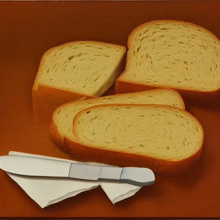 a detailed painting of bread and butter with knife, 1 9 7 0 s, oil on canvas, Minimalism