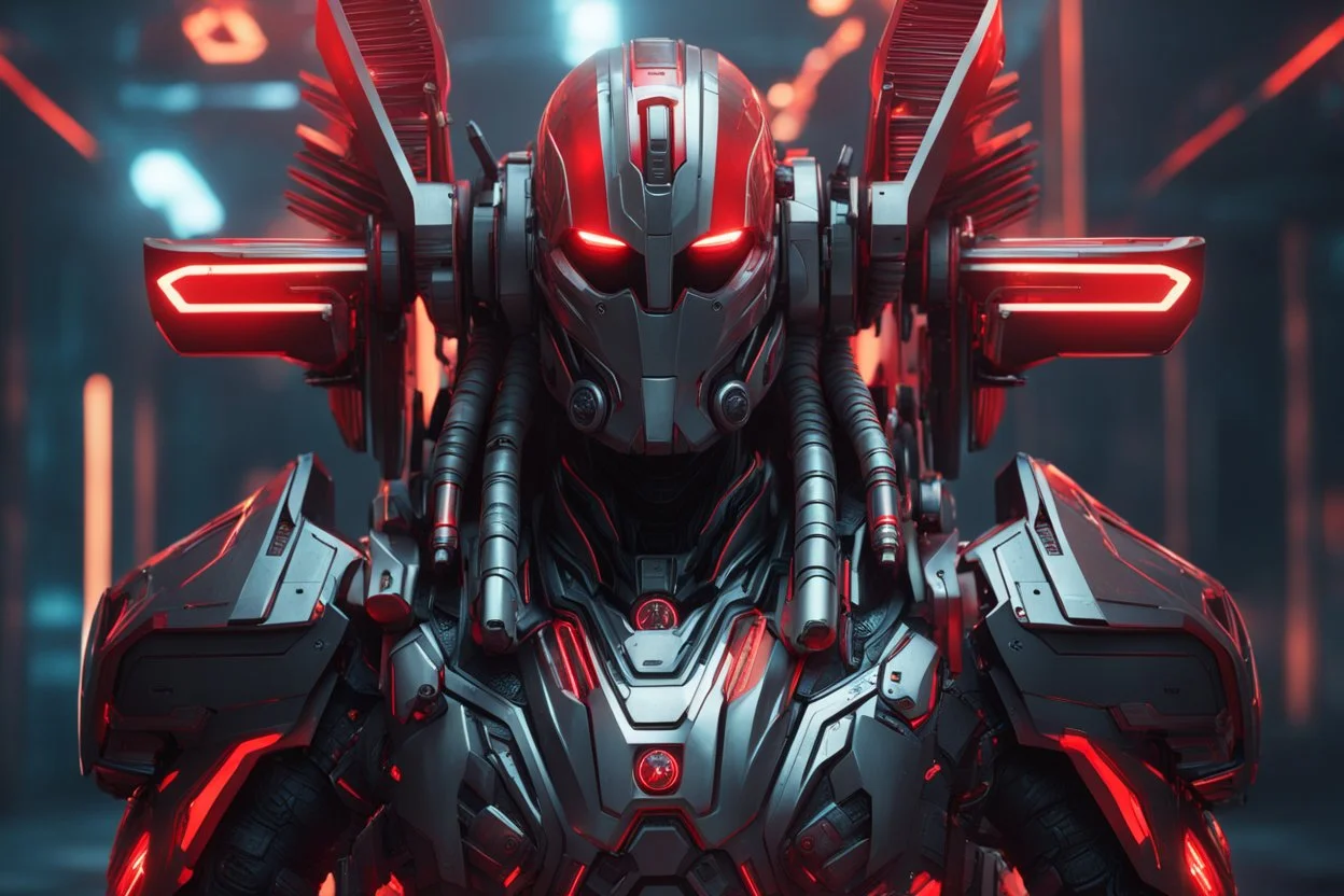 Cyber Machine in 4k realistic cg artstyle, Angel Warrior them, neon red details, full body, apocalypse, intricate details, highly detailed, high details, detailed portrait, masterpiece,ultra detailed,best quality