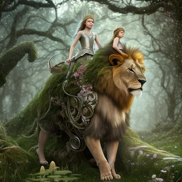 Young beautiful girl wearing floral crown standing next to a majestic, stunning lion on nature forest path, Chronicles of Narnia, 8k resolution, high-quality, fine-detail, iridescent, intricate, digital art, detailed matte, volumetric lighting, beautiful, illustration, 3D octane render, brian froud, howard lyon, selina french, anna dittmann, annie stokes, lisa parker, greg rutowski,