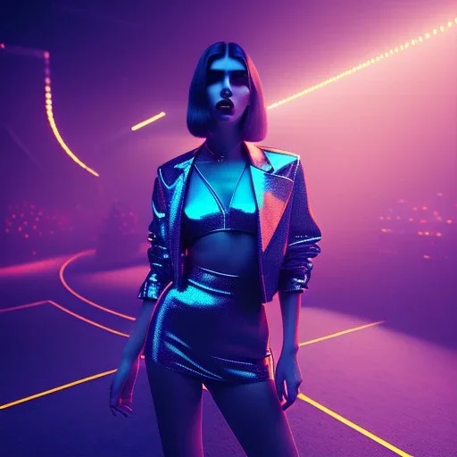 Mystery dua lipa, Ambiance dramatique, dramatic lighting, volumetric lighting, concert background, hyperrealisme, 8k, high quality, lot of details, fit within portrait