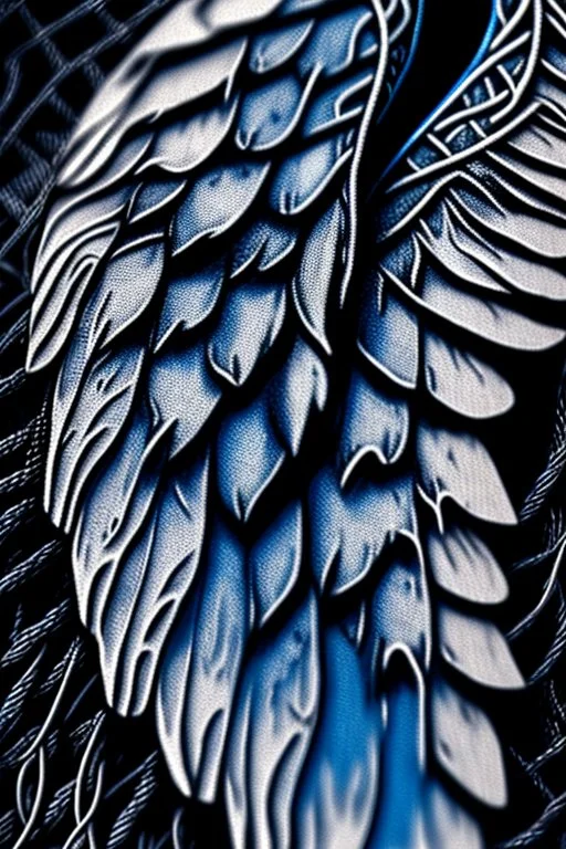 upclose ultra realistic and highly detailed photo of a tattoo, close up texturised image of an angel wing, on the angel wing a name is written -"Jiu-Jitsu", the backgrond is an abstract, chaotic and explosive collage of of vines with thorns and rope knots,.blue and gray,.32k