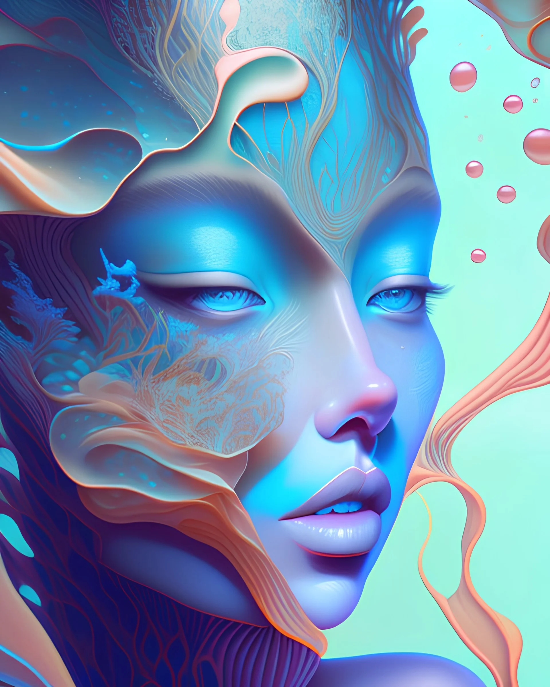 "an underwater Face” James Jean, Peter Mohrbacher, Rutkowski, fluid acrylic, elegant gradients, liquid detailing hypertextured, intricate, octane render, depth, Kaluta, detailed eyes, incredibly detailed, hyperrealistic, pastel colors, Artgerm, WLOP, Rutkowski, fractal sunshine melting into dress fabric, heavenly, clouds, massive divinity