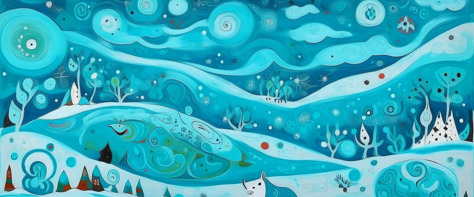 A cyan winter tundra with falling snowflakes designed in Japanese Oni masks painted by Wassily Kandinsky