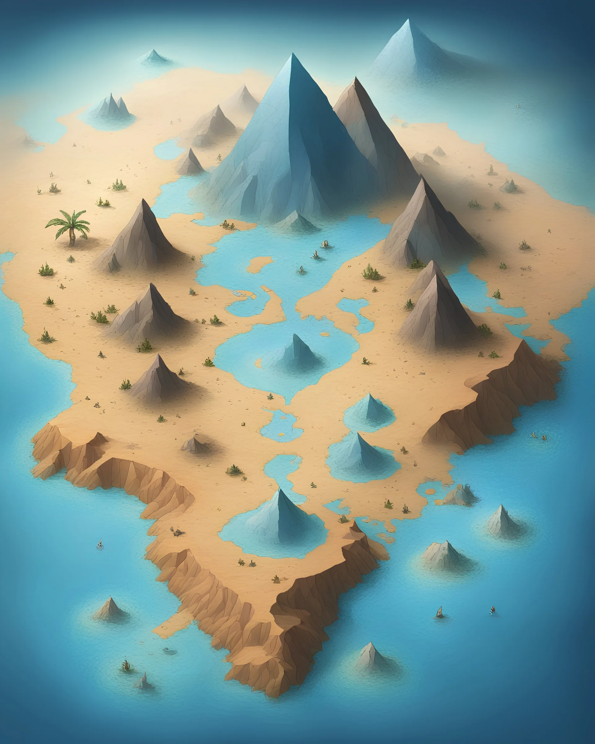 A fantasy map of an island with 2 different climates; one half desert, and pyramides and one half rainy and blue land seperated from eachtother