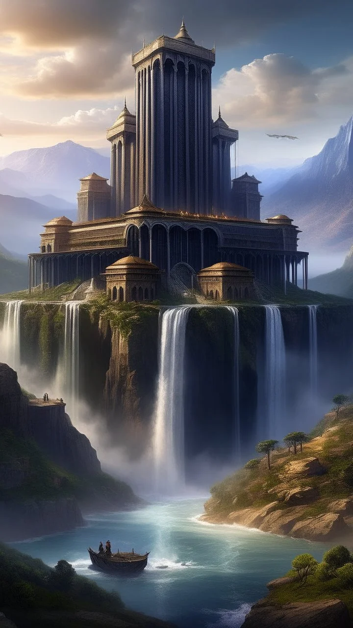 Fantasy city of Babylon with a high tower building with 2 tall square black towers on the edge of a dam with a waterfall falling into a chasm below it in the mountains