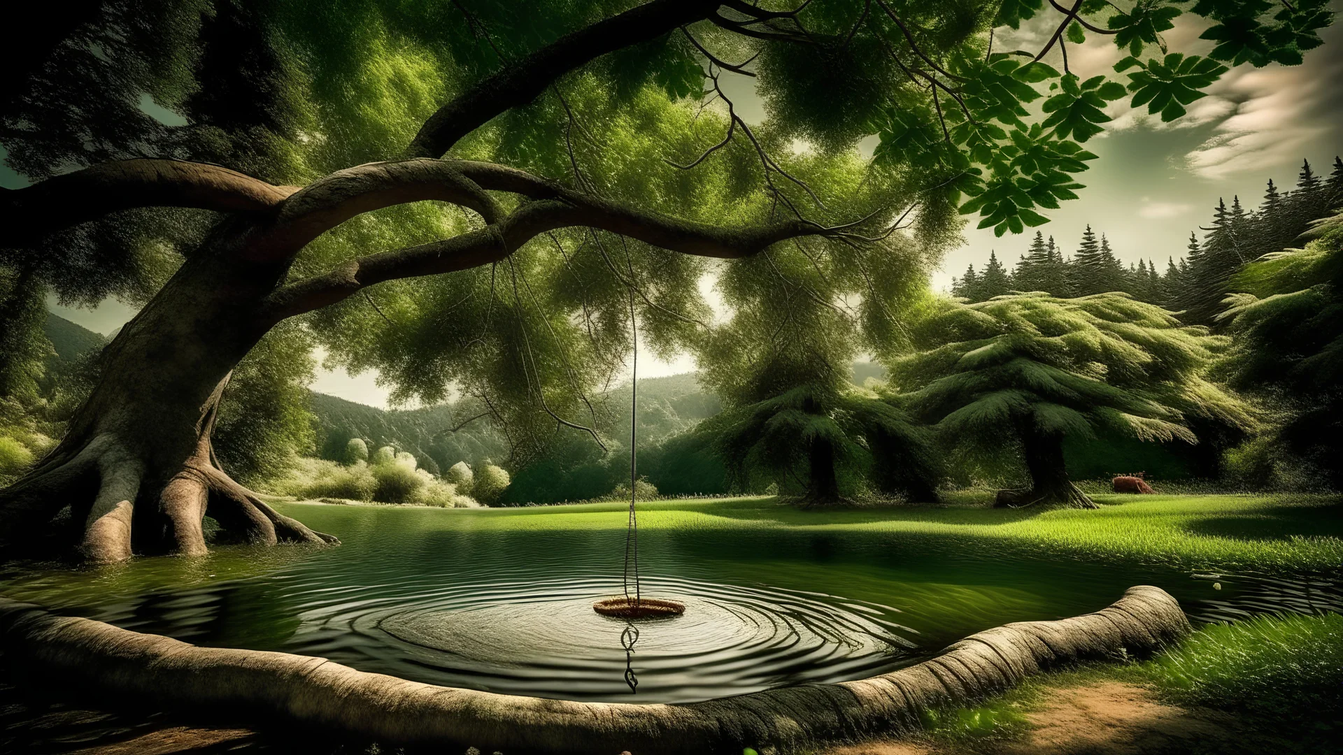 Capture a shot of a large tree with a wooden swing hanging from two ropes, The birds should be flying around the tree and chirping.