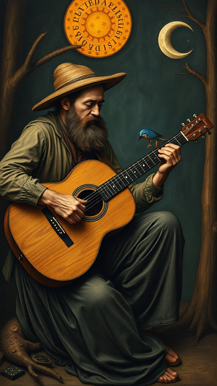 Hieronymus Bosch style , a man playing the acoustic guitar