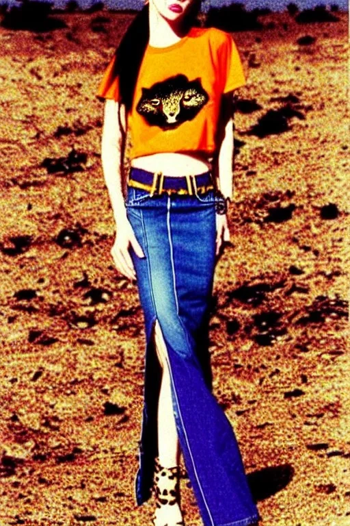 year 1996 denim fashion. Loose skirt, low waist. Combat pants and t-shirt. Colors: denim blue, blue, purple, cream, khaki, light green, lilac, plum, orange, terracotta, red, light yellow, pink, dark blue, beige. Latex in small part. Cheetah pattern. Gwen Stephani, Shirley Manson.Cargo pants