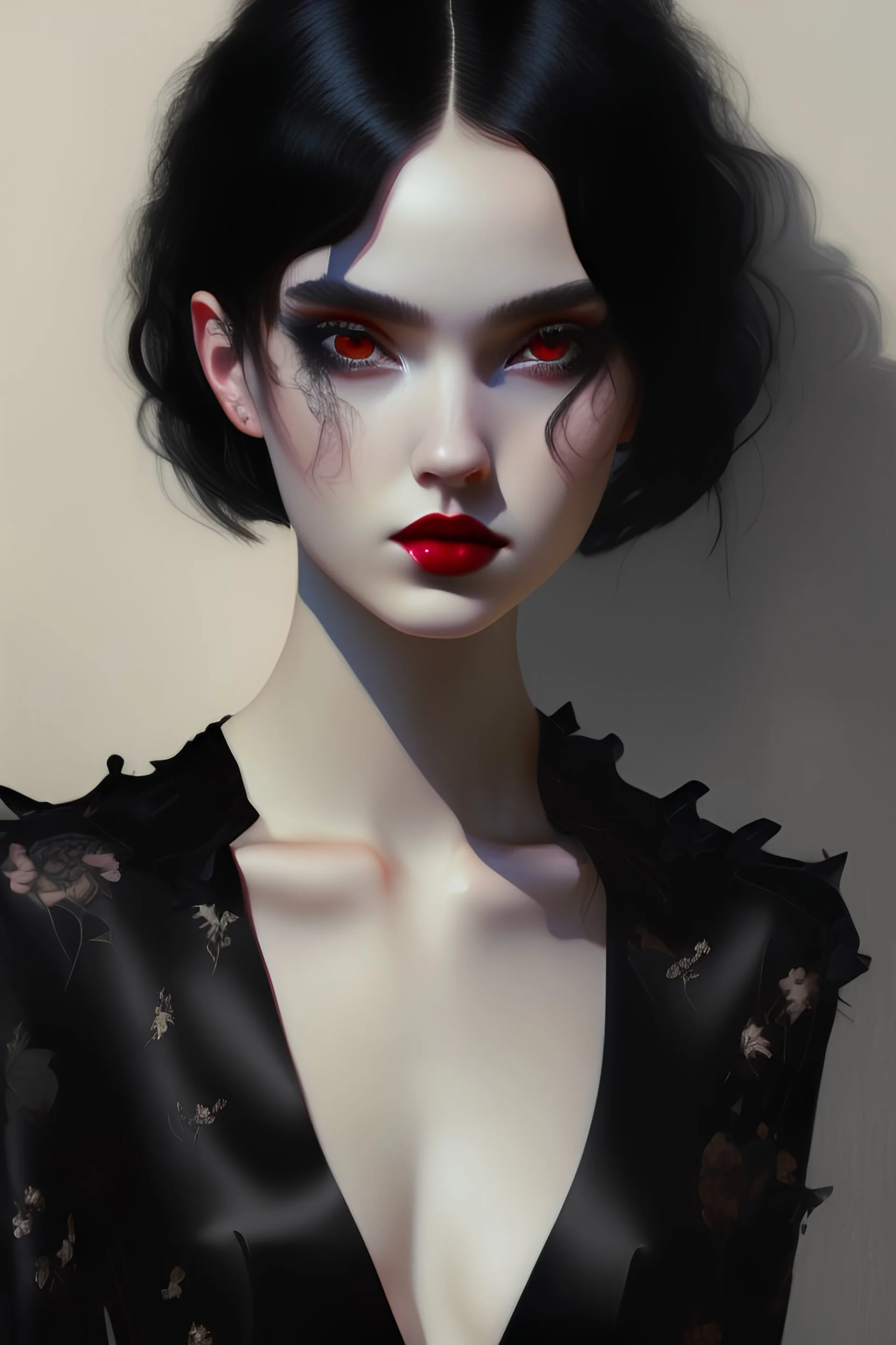 painting by koson ohara and marta bevacqua, portrait of a beautiful goth woman with black hair on modern style, wearing a black dress, 8k, high quality, highly detailed full body