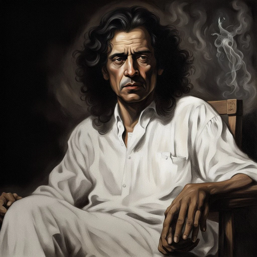 Hyper Realistic Jaun Elia Poet Sitting A Wooden Chair In His Dark Room Writing Poetry With Cigarette In His Other Hand On A Rustic Table With Moonlight Rays coming from Window At Dark Night With Cinematic & Dramatic Ambiance.