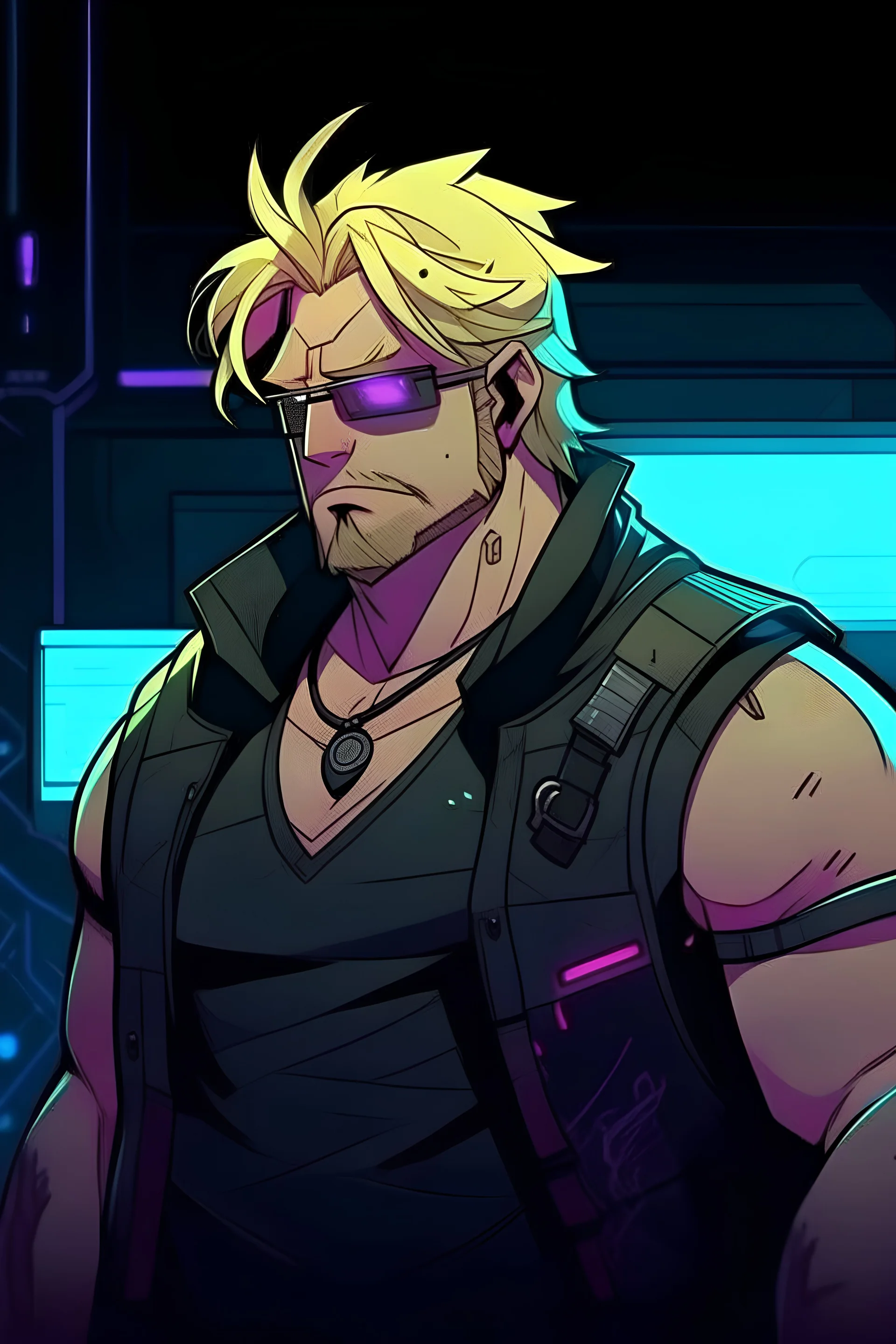 man, 40 years old, fat, blond hair, in anime style with cyberpunk vibes, chemise,