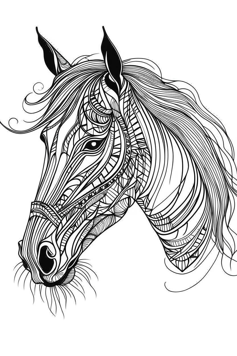 symetrical realistic horse head tattoo idea, line art, background, vector, svg, black outline on white background, leave plenty of white space beetween lines for coloring, tattoo style, tattoo idea,full body, minimalist