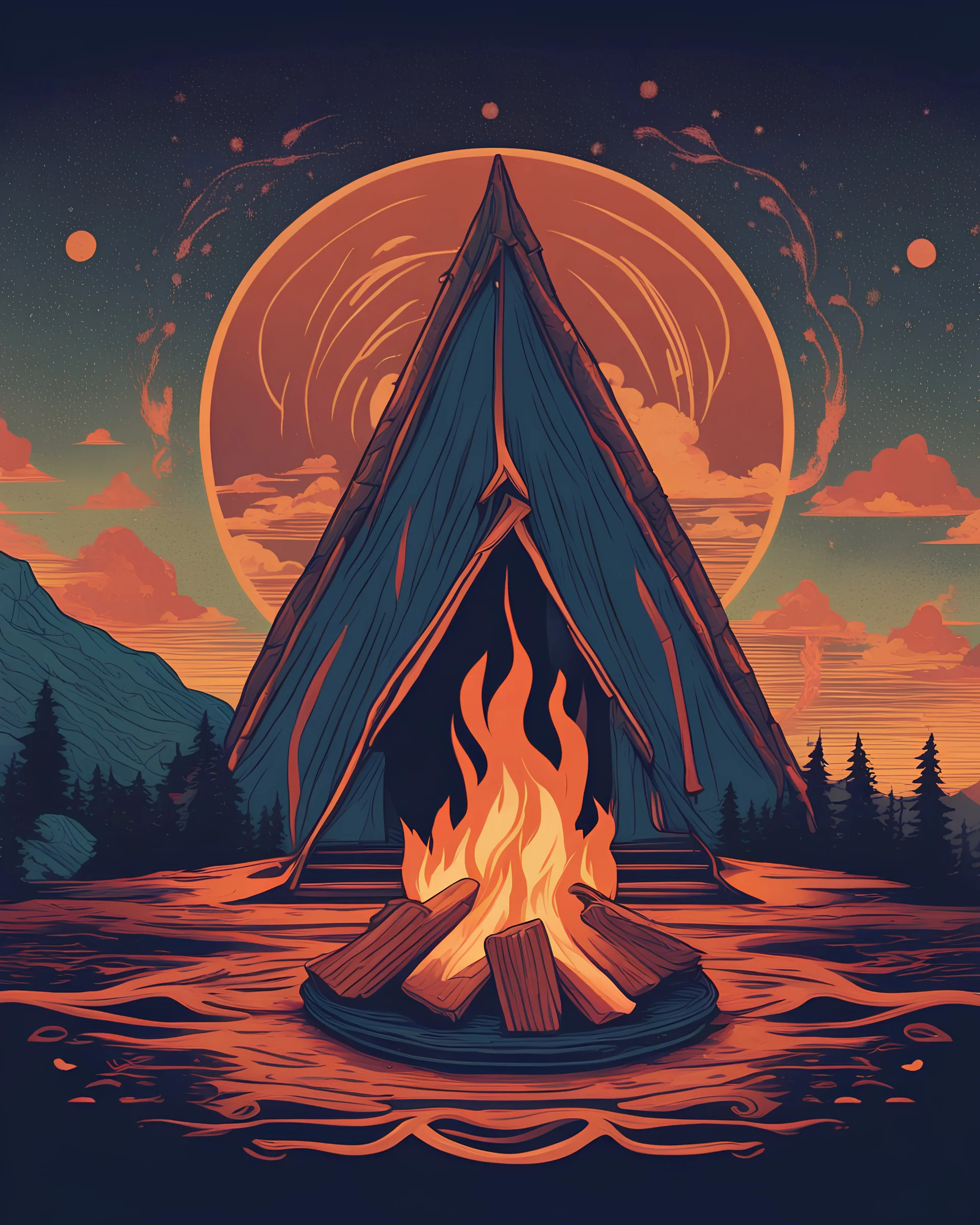 /imagine prompt: Campfire Van::2 Art Nouveau, Pointillism, Iconography, Warm hues, Magical realism, synthwave:: t-shirt vector, center composition graphic design, plain background::2 mockup::-2 --upbeta --ar 1:1