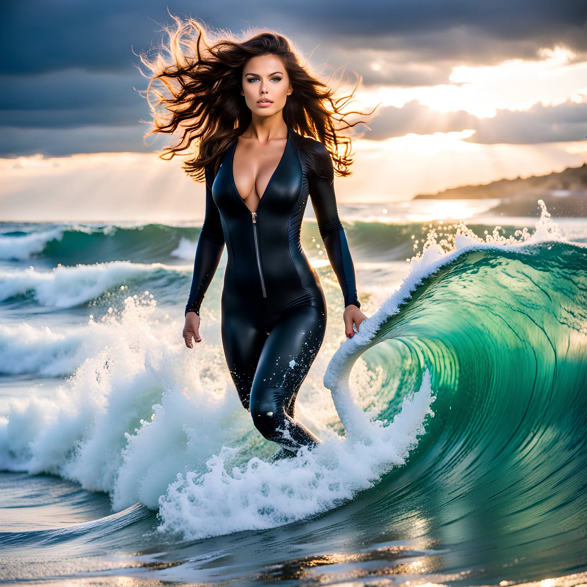 beautiful girl supper model, in nice body suit, with curvy hair,perfect face,perfect eyes,Surfing in huge wave,water with splash,seaside wavy sea ,storm, clouds ,rocky beach