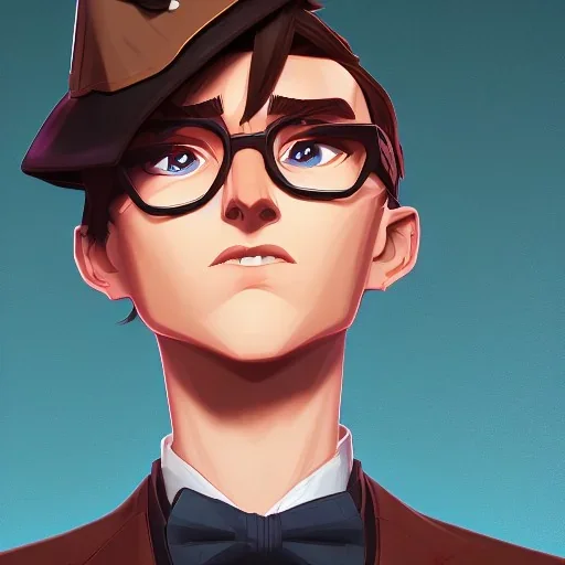 tall young man witbh square glasses, brown hair and grey eyes. He wears blue shirt, dark tails, bow tie and colorful chimney pot hat.