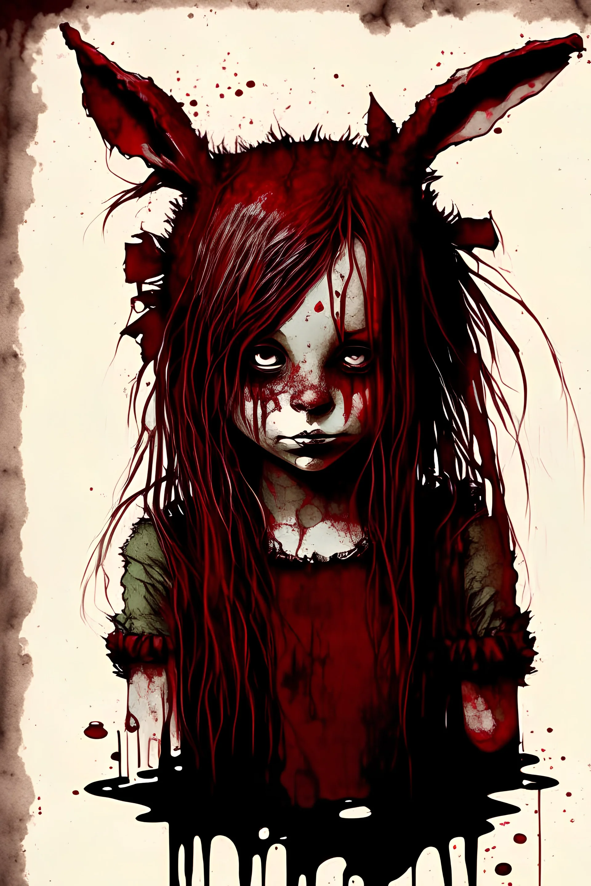 portrait a cute girl, slime, hair, bunny, mask, out her mind, darkred tones, in the style of arthur rackham,