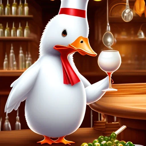 A Dressed Up White Duck Being a Bartender in a Tavern