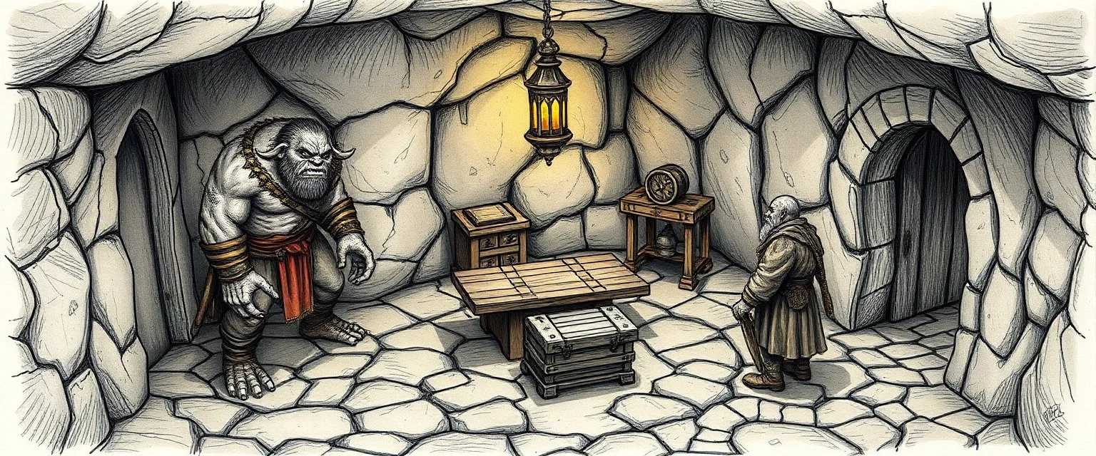 artist drawn fantasy map of 4x4 meter room, with an ogre and an orc captain, and a chest under a table, the room is rough and cavelike, we also see winding paths around the room