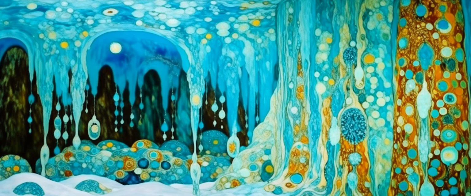 Cyan snowfields with a mystical cave painted by Gustav Klimt