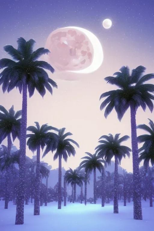 1980's aesthetic vaporwave palm trees with lighting with moon in the winter snow