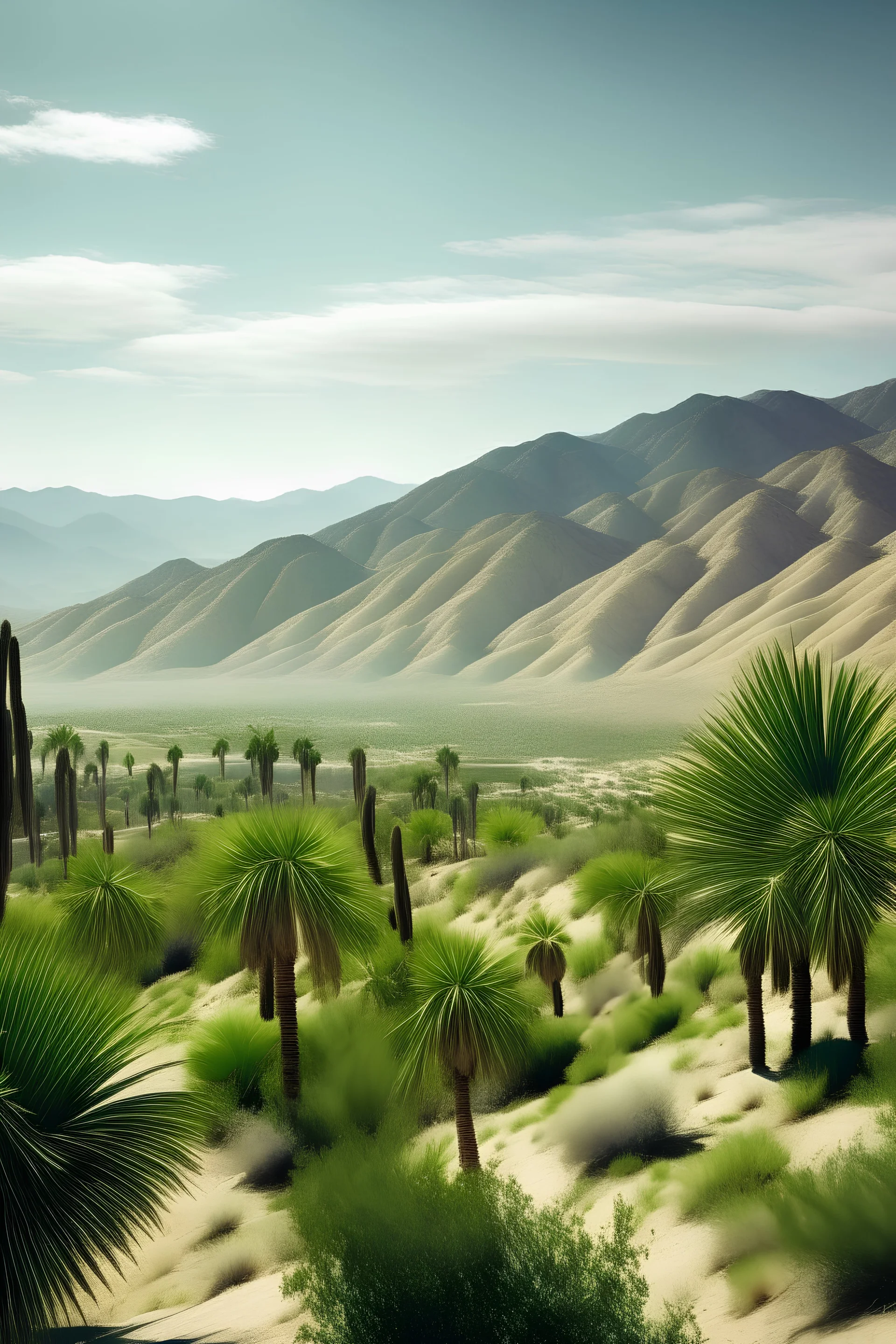 Landscape view of palm spring with hills and vegetation and palm trees