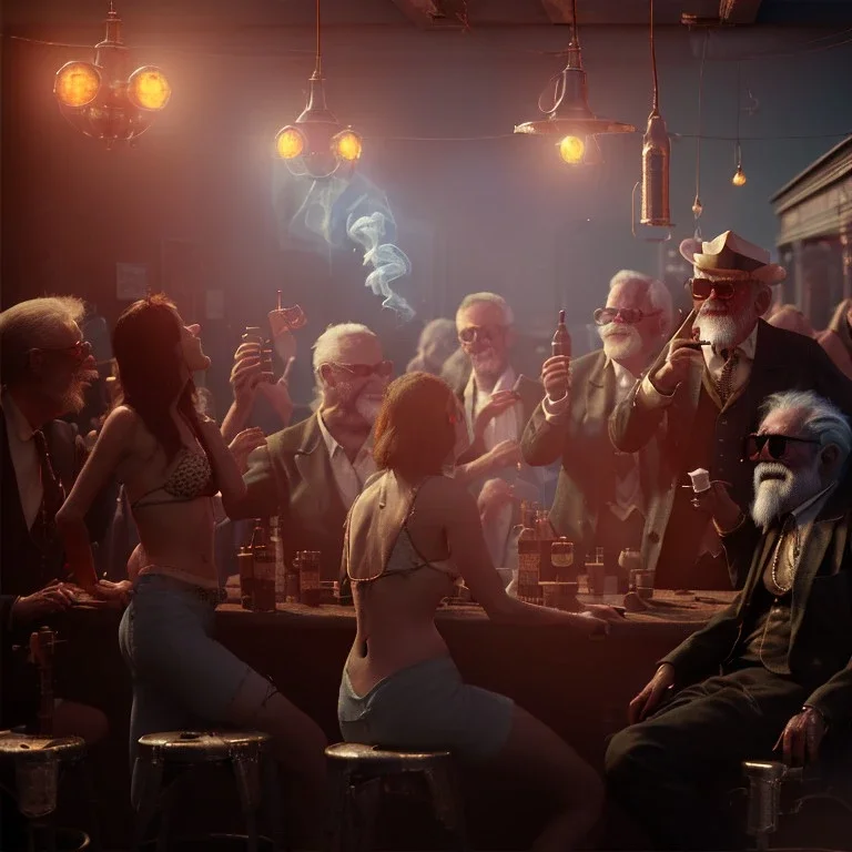 Realistic photo, American shot view, old man, cabaret scene, steampunk. Drunken, Sunglasses, smoking, happy, hot. Many people background, highly detailed, concept art, unreal engine 5, god rays, ray tracing, RTX, lumen lighting, ultra detail, volumetric lighting, 3d, finely drawn, high definition, high resolution.