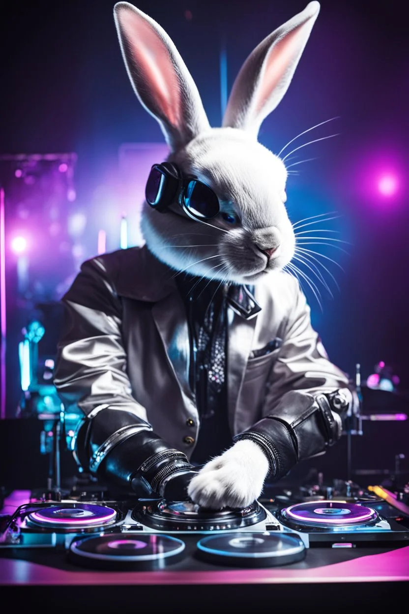 Photography Humanoid Rabbit as dj player smusical self expression play dj in disco club