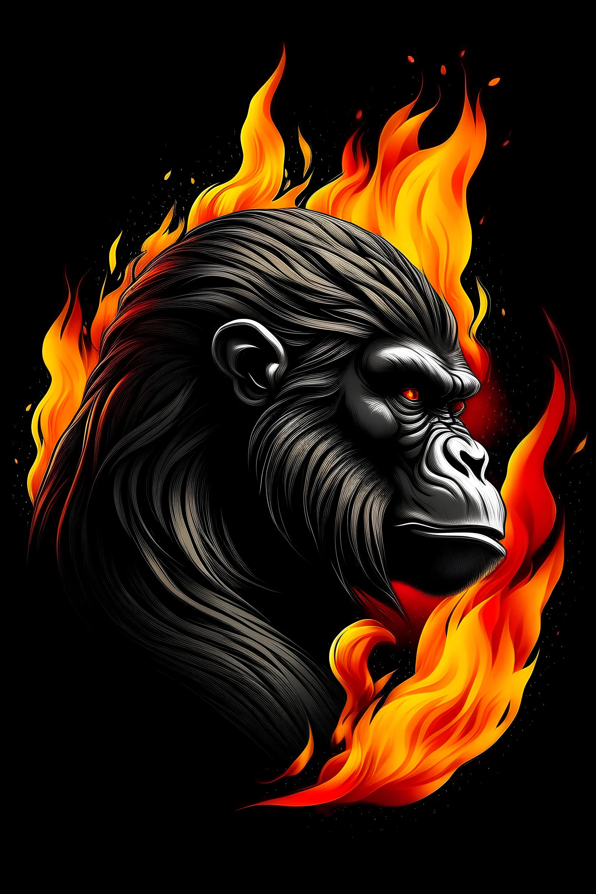 side perspective floating gorilla head on flames