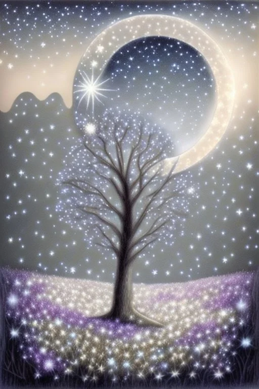 a background of softly blended blues, greys, silvers, and whites with distant, twinkling stars in the sky, an a circle moon casting a soft glow of light on a foreground of a field of various flowers surrounding a tree of life