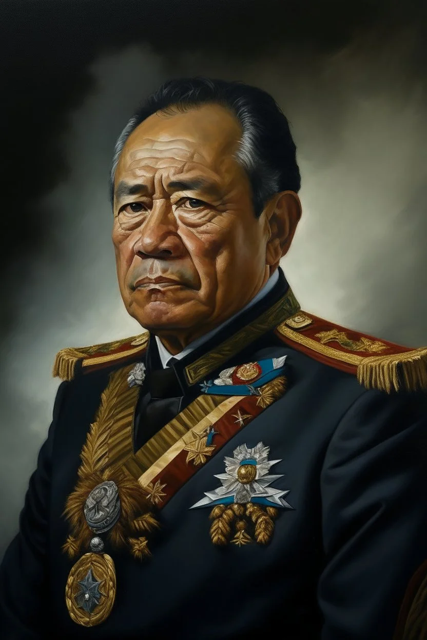 Painting portrait of Samoan formal chief young and black hair in military uniform